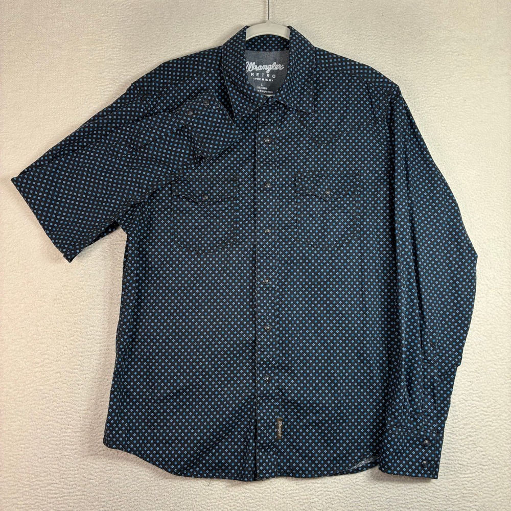 Wrangler Retro Premium Pearl Snap Shirt Men L Black Blue Aztec Western Cowboy